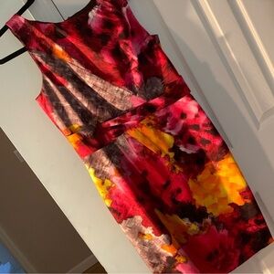David Meister Red and Yellow Abstract Silk Dress